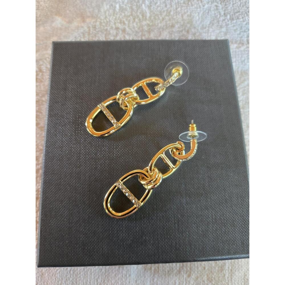 New R J Graziano Gold Tone Rhinestone Dangle Drop Oval Earrings